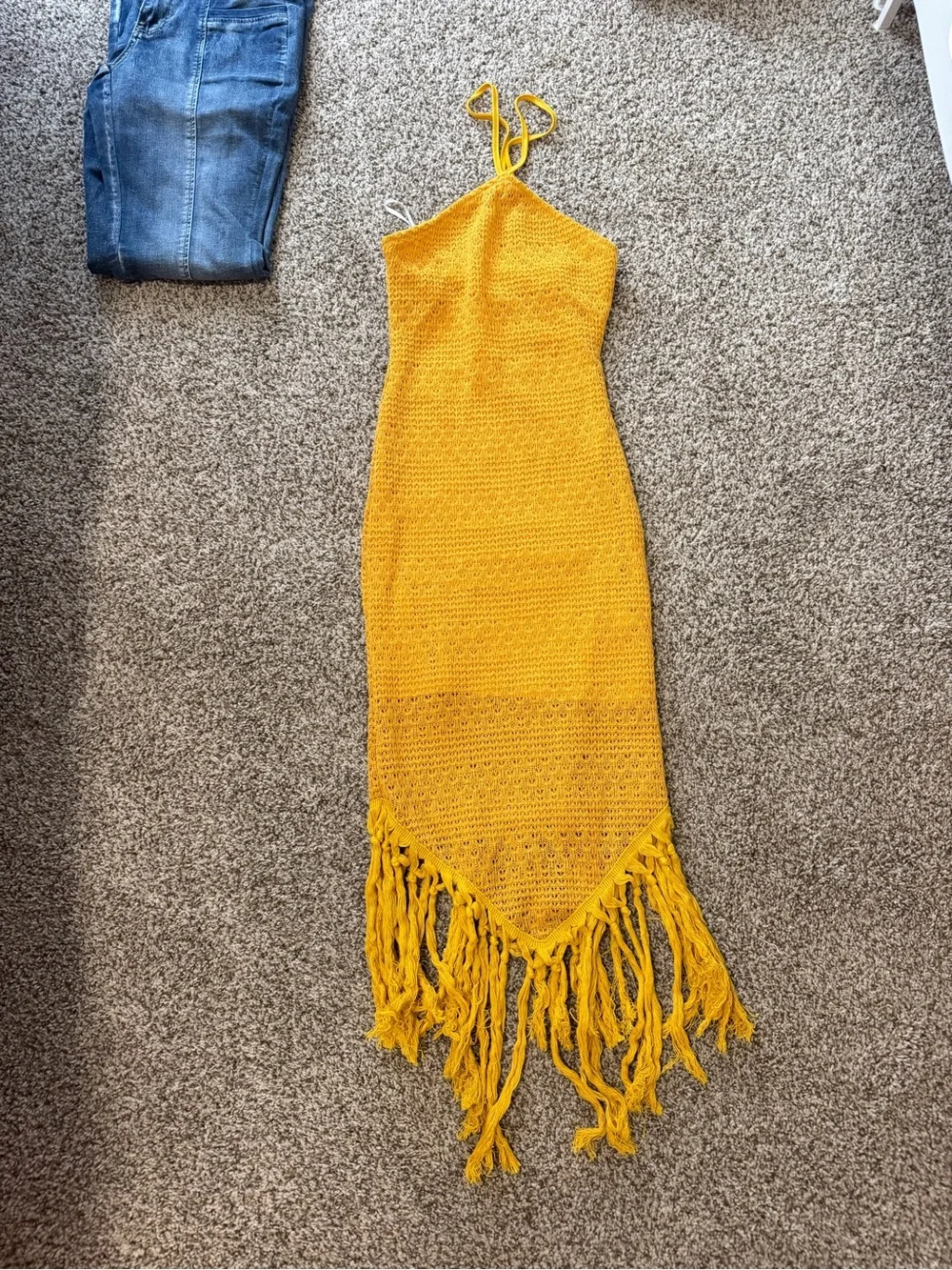 Crochet Fringe Maxi Dress in Mustard Yellow